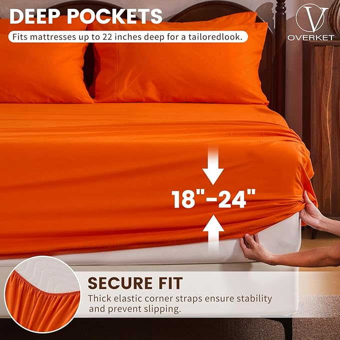 100% Linen Sheet Set King Size Extra Deep Pocket Fits 18-24 Inch Mattress, Breathable & Soft, Smooth 6-Piece Set for Thick Mattresses Hotel Luxury Bedding（King, Orange）