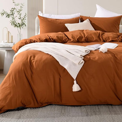 NEXHOME PRO Duvet Cover Set 100% Washed Cotton Oversized King 120"x98" Linen Feel Textured Organic Natural 3 Pieces Bedding Set Terracotta Burnt Orange with Zipper Closure Breathable(No Comforter)