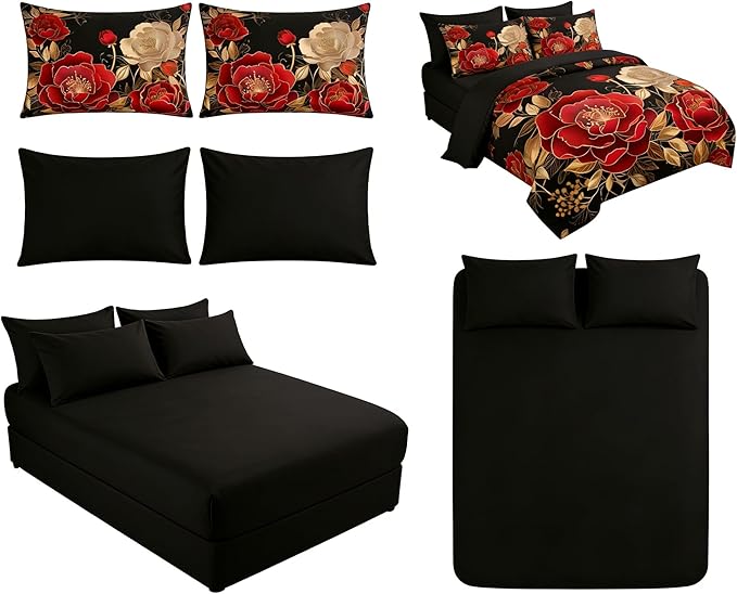 Vintage Floral Twin Size Bed in A Bag for Girls, 7Pcs Modern Black Red Comforter Set, Farmhouse Country Botanical Quilted Bedding with 2 Pillowcases, 68"x86"
