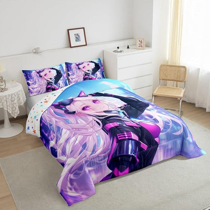 Erosebridal Girls Japanese Anime Bedding Set Toddler, Kawaii Anime Girl Comforter Set Cartoon Girl Quilt for Kids Teens Adult Women, Japanese Animation Sci Fi Style Duvet Insert, Blue Purple