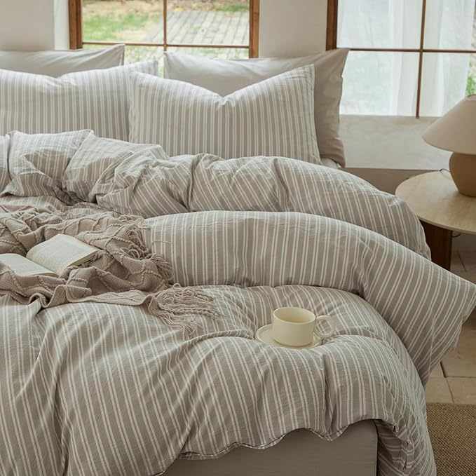 Striped Duvet Cover Set,100% Washed Cotton Linen Like Bedding Set,Breathable,Durable,Comfy(Strip-Tannish Linen Grey/White,King)