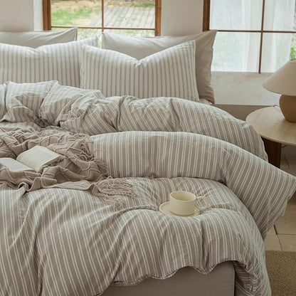 Striped Duvet Cover Set,100% Washed Cotton Linen Like Bedding Set,Breathable,Durable,Comfy(Strip-Tannish Linen Grey/White,Queen)