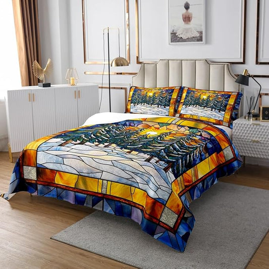 Pine Tree Kid Bedspread King Size,Merry Christmas Tree Sunrise Rustic Farmhouse Coverlet Set,Boys Girls Room Decor,Geometric Plaid Patchwork Quilted Coverlet,Blue Xmas Bedding Quilt,2 Pillowcases