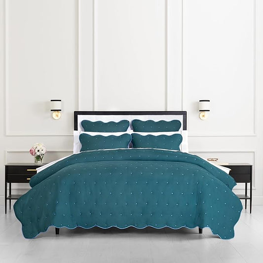 kate spade new york Scalloped Edge 3-Piece Full/Queen Quilt Bedding Set, 100% Cotton Voile Reversible Cover, All Season Bedding, Machine Washable, Blue Spruce