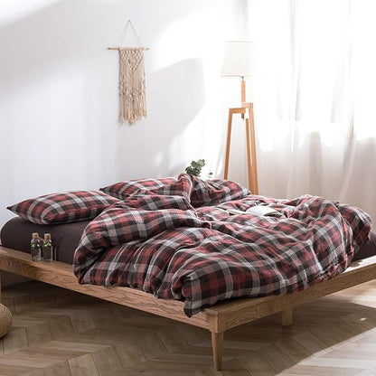 VM VOUGEMARKET Cotton Muslin Duvet Cover Queen Red Plaid Bedding Set Soft Breathable Linen Like Gauze Gingham Comforter Cover with Zipper Closure for Teen Men,90"x90"
