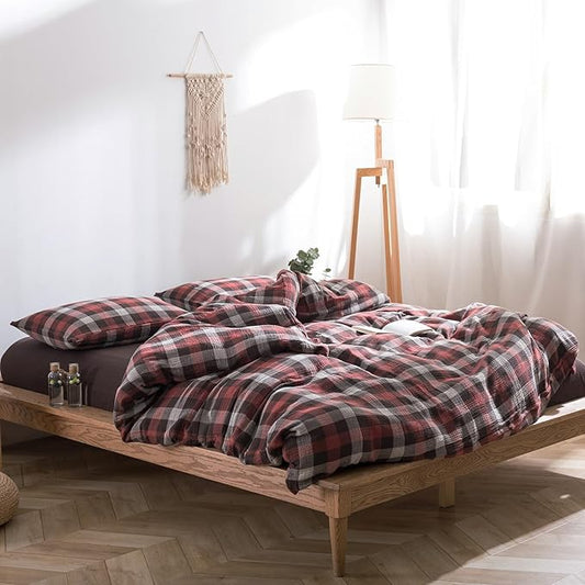 VM VOUGEMARKET Cotton Muslin Duvet Cover Queen Red Plaid Bedding Set Soft Breathable Linen Like Gauze Gingham Comforter Cover with Zipper Closure for Teen Men,90"x90"