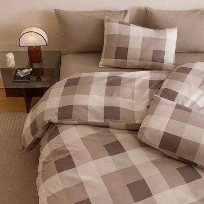 Cottonight Checkered Khaki Comforter Set Queen Men Gingham Grid Bedding Set Khaki and Cream Coffee Grid Comforter Fluffy Soft Blanket Quilts Modern Cottagecore Comforter for Queen Bed