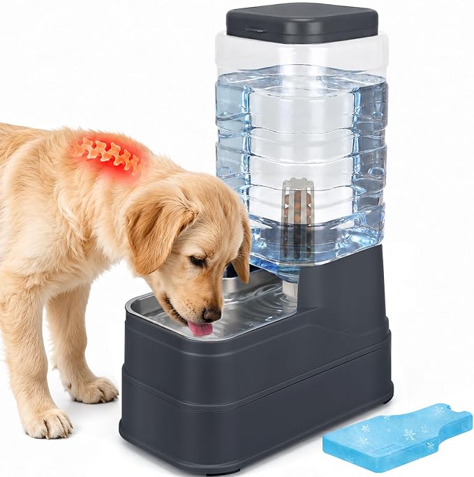 2.2 Gallon Pet Automatic Dog Water Dispenser Cat Gravity Waterer Feeder with Stainless Steel Bowl 8L Large Capacity Puppy Feeding Raised Bowls with Filter,Ice Pack