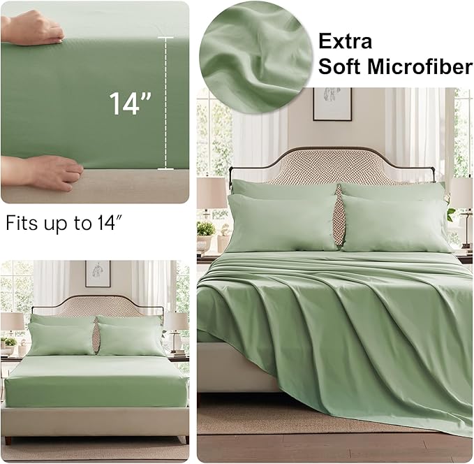 Anluoer Sage Green King Comforter Set 7 Pieces, Bed in a Bag with Sheets, All Season Bedding Sets with 1 Comforter, 2 Pillow Shams, 2 Pillowcases, 1 Flat Sheet, 1 Fitted Sheet