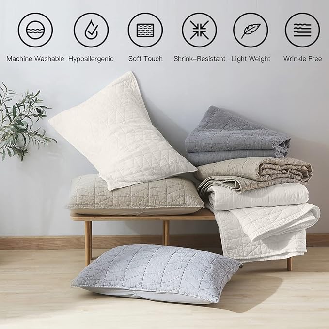 HORIMOTE HOME Quilt Set Queen Size, Stone-Washed Chic Rustic Cream White Coverlet with Classic Triangle Stitched Pattern, Ultra Soft Lightweight Quilted Bedspread for All Season, 3 Pieces