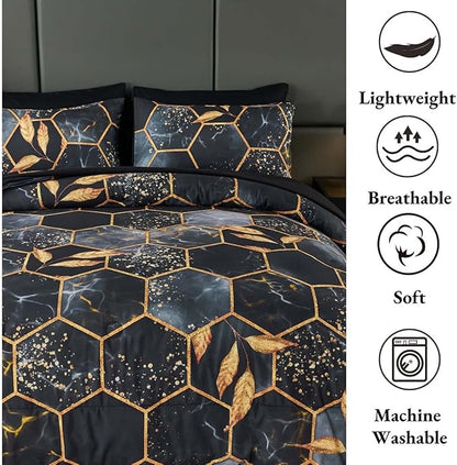 ANGIYUIN 7Pcs Black and Gold Comforter Set Full Size, 3D Hexagon Geometric Bedding Comforter Set, Marble Bed in A Bag Watercolor Foil Print Bed Sets with Comforter and Sheets (Black Full)