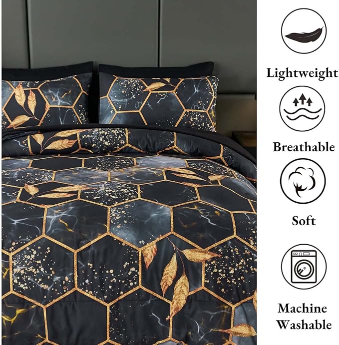 ANGIYUIN Black King Size Comforter Set Geometric Comforter 7Pcs Foil Print Bed in A Bag Marble Bedding Comforter Sets 3D Honeycomb Hexagon Decor Gold Trim Bed Set for Women Men (Black King)