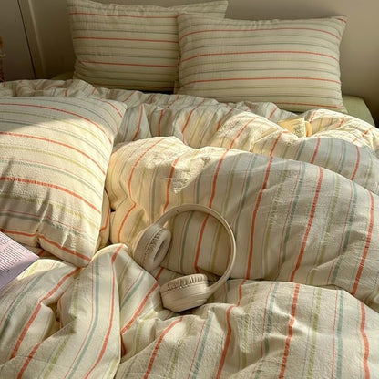 EAVD Retro Striped Duvet Cover Set King Size 100% Cotton Vintage 3-Pieces Stripes Bedding Set with 2 Pillowcases Farmhouse Geometric Comforter Cover with Zipper Closure(Orange&Blue&Green, King)