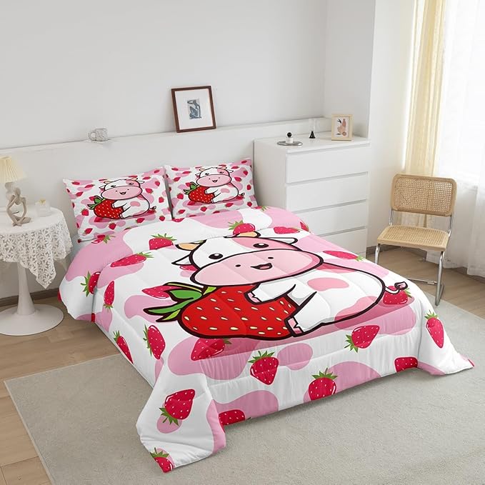 Feelyou Milk Cow Comforter Pink White Cow Strawberry Pattern Comforter Set Bedding Set for Kids Adults Kawaii Girls Milk Cow Print Duvet Set Ultra Soft Room Decor Toddler Size Quilt Set