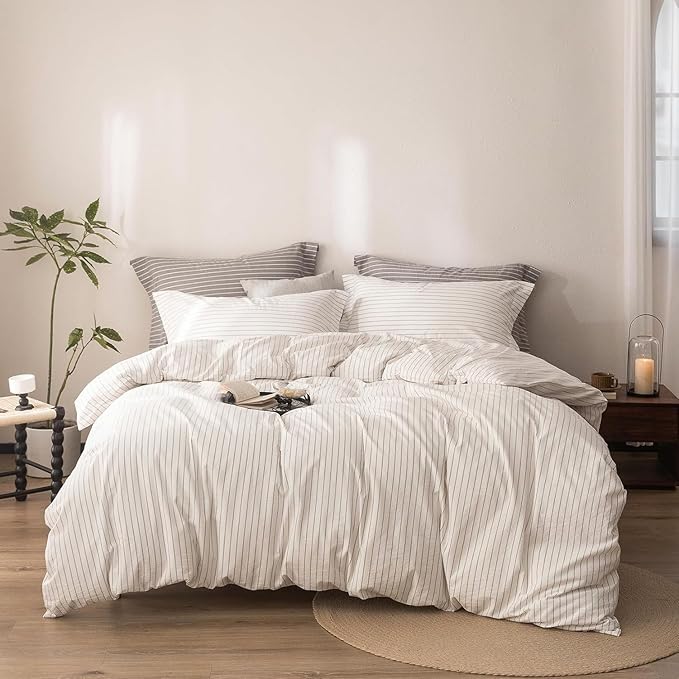 Stripe Duvet Cover Super Queen Size 98inch x 90inch,100% Washed Cotton Linen Feel Duvet Cover with Zipper Closure and 2 Pillowcases, Color of Off White-Linen Grey Stripe