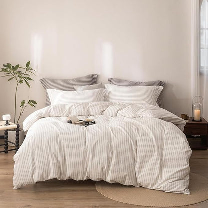 Stripe Duvet Cover Super Queen Size 98inch x 90inch,100% Washed Cotton Linen Feel Duvet Cover with Zipper Closure and 2 Pillowcases, Color of Off White-Linen Grey Stripe