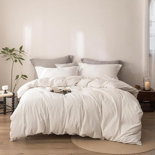 Stripe Duvet Cover Super King Plus Size 120inch x 120inch,100% Washed Cotton Linen Feel Duvet Cover with Zipper Closure and 2 Pillowcases, Color of Off White-Linen Grey Stripe