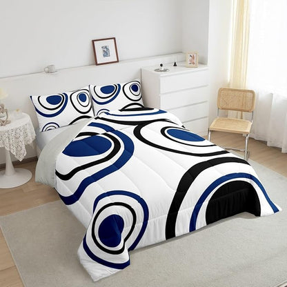 Erosebridal White Blue Black Striped Queen Comforter Set for Adult Women Men Modern Circle Abstract Bedding Set Contemporary Graffiti Lines Bed Set Minimalists Aesthetic Boho Quilt Set