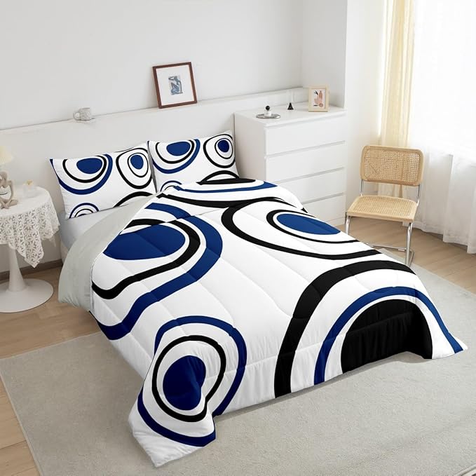 Erosebridal White Blue Black Striped King Bedding Set Modern Circle Abstract Comforter Set for Adult Women Men Contemporary Graffiti Lines Bed Collections Minimalists Aesthetic Boho Duvet Quilt Sets