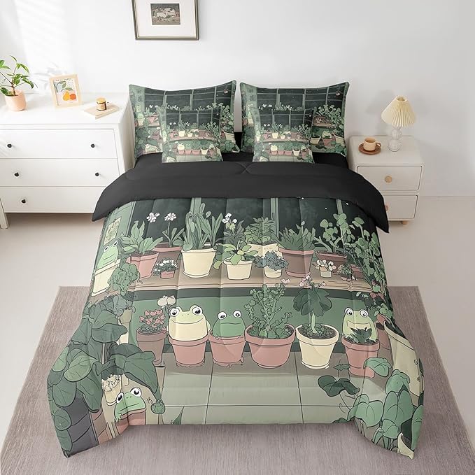 jejeloiu Cute Frog Bedding Set 7Pcs Twin Size Kids Cartoon Comforter Set with Sheets for Boys Girls Plant Bed in a Bag Soft Lightweight,Microfiber