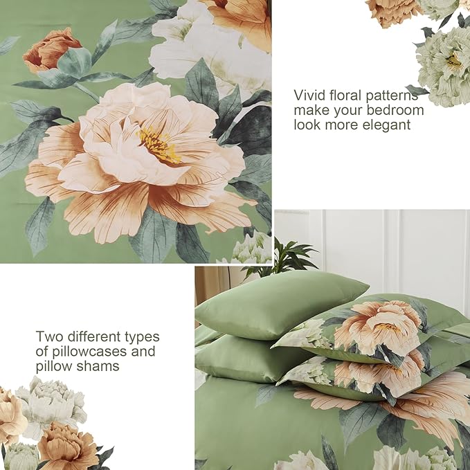 Dobuyly King Size Comforter Set 7 Piece Bed in a Bag, Olive Green Floral Comforter Set with Sheets, Soft Microfiber Botanical Flower Bedding Set for All Season