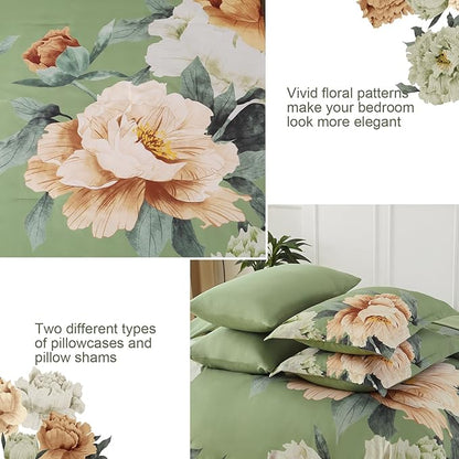 Dobuyly King Size Comforter Set 7 Piece Bed in a Bag, Olive Green Floral Comforter Set with Sheets, Soft Microfiber Botanical Flower Bedding Set for All Season