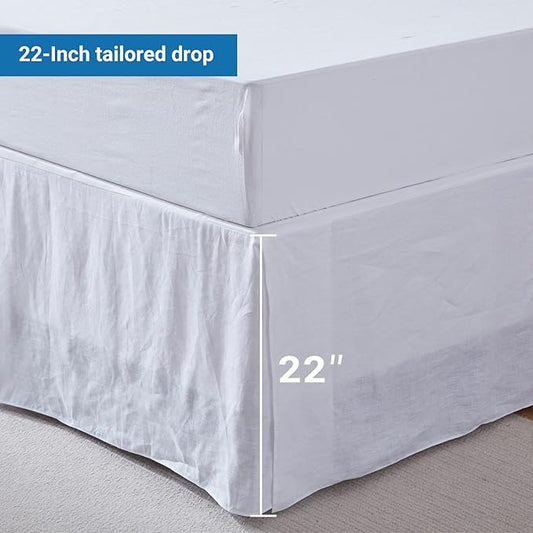 Simple&Opulence Belgian Linen Bed Skirt with Classic 22 inch Tailored Drop Dust Ruffle, Easy Fit Breathable Premium Natural Flax - Basic White, Queen