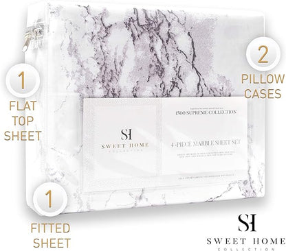 1500 Supreme Collection Extra Soft Marble Print 4-Piece Sheet Set- Luxury Bed Sheets Set with Deep Pocket Wrinkle Free Bedding, California King Size