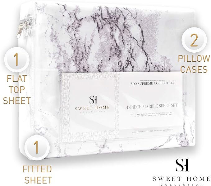 1500 Supreme Collection Extra Soft Marble Print 4-Piece Sheet Set- Luxury Bed Sheets Set with Deep Pocket Wrinkle Free Bedding, King Size