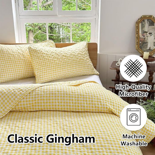 Yellow Gingham King Quilt Set, Soft Pre-washed Microfiber Yellow Plaid King Bedspread, Lightweight Checked Summer Quilt, Grid Bedding Coverlets for All Seasons (Includes 1 Quilt, 2 Pillow Shams)