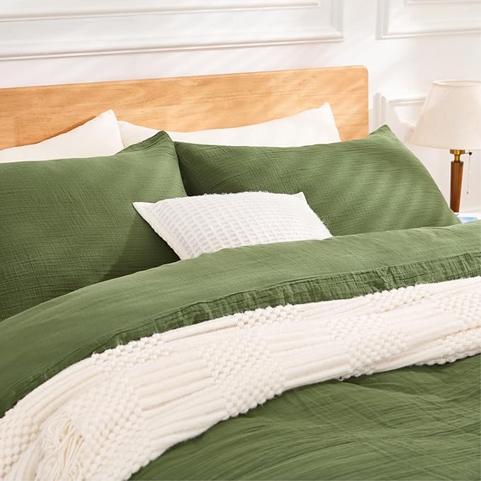 Green Duvet Cover King, 100% Sandwashed Cotton Soft King Size Duvet Cover Set 3 Pieces with Zipper Clousre & Corner Buttons (Green, King 104 x 90)