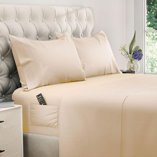DREAMCARE Queen Size Sheets - Cooling Bed Sheets - 4pcs Set - up to 15" Deep Pocket Queen Sheet Set - Sheets Queen Size Bed - Soft & Long Lasting 100% Fine Brushed Polyester with Side Pocket, Wheat