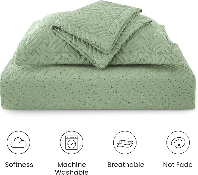 Love's cabin Quilts for Full Bed Sage Bedspreads Bedding Set - Lightweight Bedspread Comforter - Wave Pattern Bedding Coverlet for All Season - 3 Pieces (1 Quilt, 2 Pillow Shams)