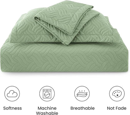 Love's cabin Twin Quilt Bedding Set Sage Bedspreads - Soft Bed Summer Lightweight Bedspread Comforter - Wave Pattern Bedding Coverlet for All Season - 2 Pieces (1 Quilt, 1 Pillow Sham)