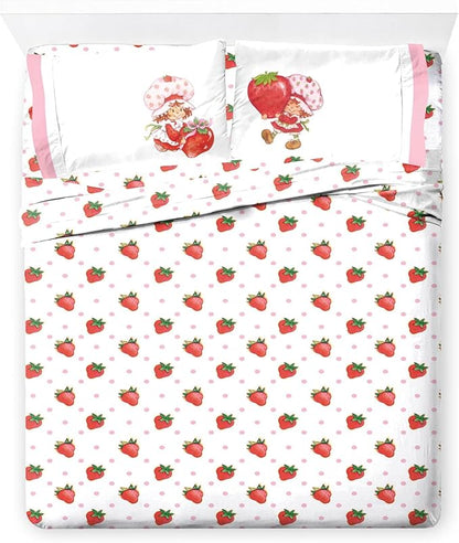 Jay Franco Kids Sheet Set with Fitted, Flat Sheets & Pillow Cover - Ultra-Soft Bedding with Pillowcase for Room Decor, White - Strawberry Shortcake, 4 Piece Queen