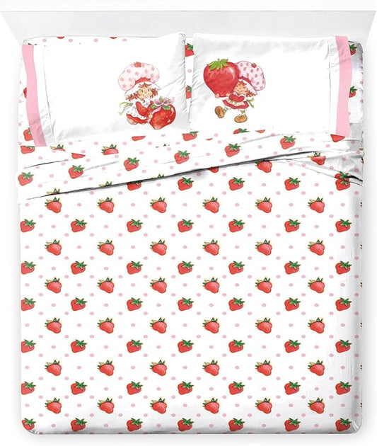 Jay Franco Kids Sheet Set with Fitted, Flat Sheets & Pillow Cover - Ultra-Soft Bedding with Pillowcase for Room Decor, White - Strawberry Shortcake, 4 Piece Queen