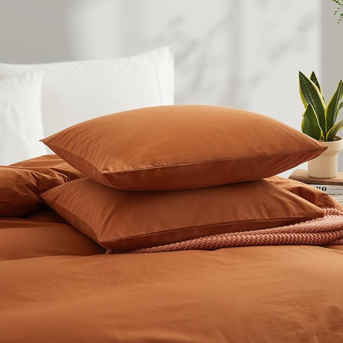 Burnt Orange Duvet Cover Full Size, 100% Washed Cotton Linen Like Bedding Set with Zipper Closure (No Comforter), 80x90 Inches