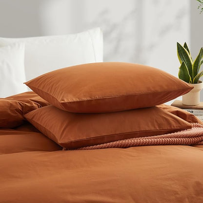 Burnt Orange Duvet Cover Full Size, 100% Washed Cotton Linen Like Bedding Set with Zipper Closure (No Comforter), 80x90 Inches