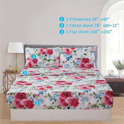 JSD Watercolor Rose Floral Sheet Set King Size, 4 Piece Soft Printed Microfiber Sheets Extra Deep Pocket