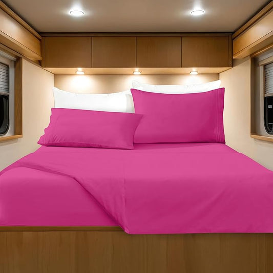 Elegant Comfort Luxurious 1500 Premium Hotel Quality Microfiber Three Line Embroidered Softest 4-Piece Bed Sheet Set, Wrinkle and Fade Resistant, RV Short Queen, Pink