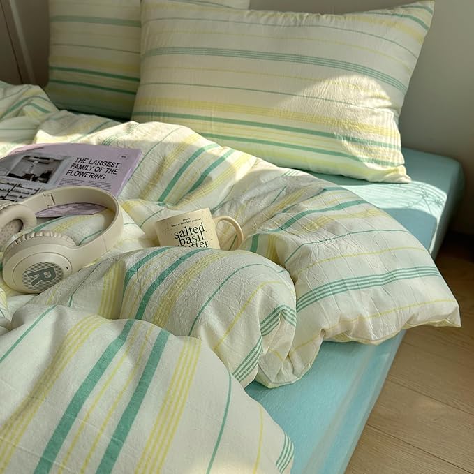 EAVD Vintage Striped Comforter Set Full Soft Cotton 3-Piece Boho Bedding Set with 2 Pillowcases Retro Yellow-Green Vertical Stripes Geometric Comforter Set for All-Season