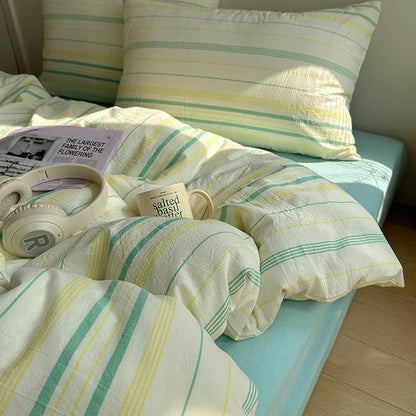 EAVD Vintage Striped Comforter Set Full Soft Cotton 3-Piece Boho Bedding Set with 2 Pillowcases Retro Yellow-Green Vertical Stripes Geometric Comforter Set for All-Season