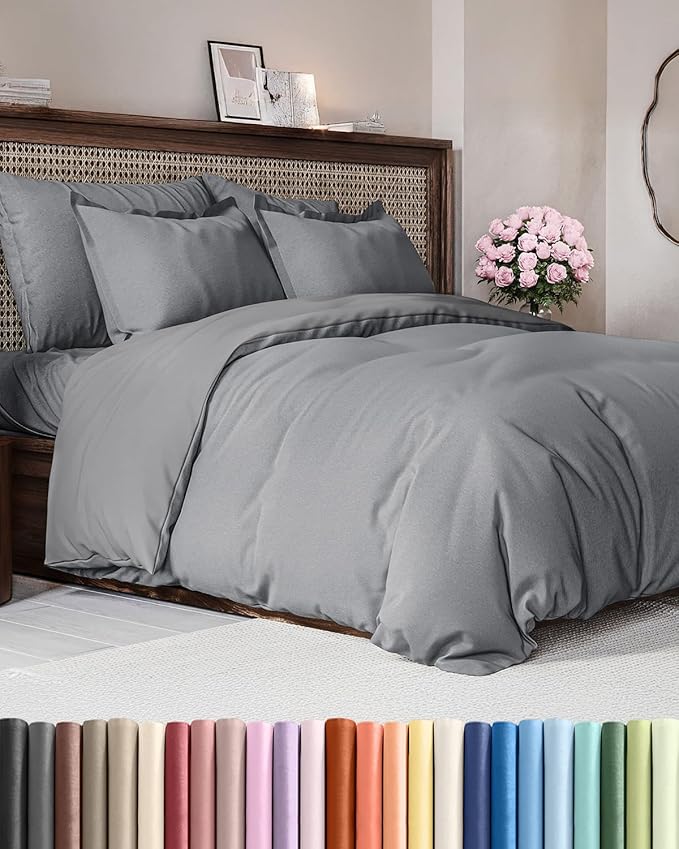 Duvet Cover Full Size Set - Extra Soft Full Duvet Cover 80" x 90" with 2 Pillow Shams - Hotel Luxury, Easy Care & Fade Free with Zipper Closures & Ties - Comfy, Cozy and Breathable (Heathered Grey)