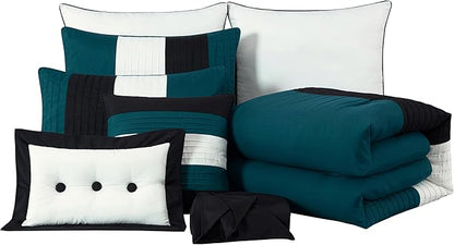 Chezmoi Collection Loft 8-Piece Full Comforter Set, Teal/Black/White Luxury Striped Bedding for All Season