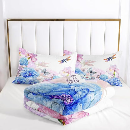 Blue and Pink Flower Comforter Set Queen Dragonfly Butterfly Bedding Sets 3PCS for Kids Teen Adult Floral Room Decor Ultra-Soft Lightweight Microfiber 1 Comforter with 2 Pillowcases