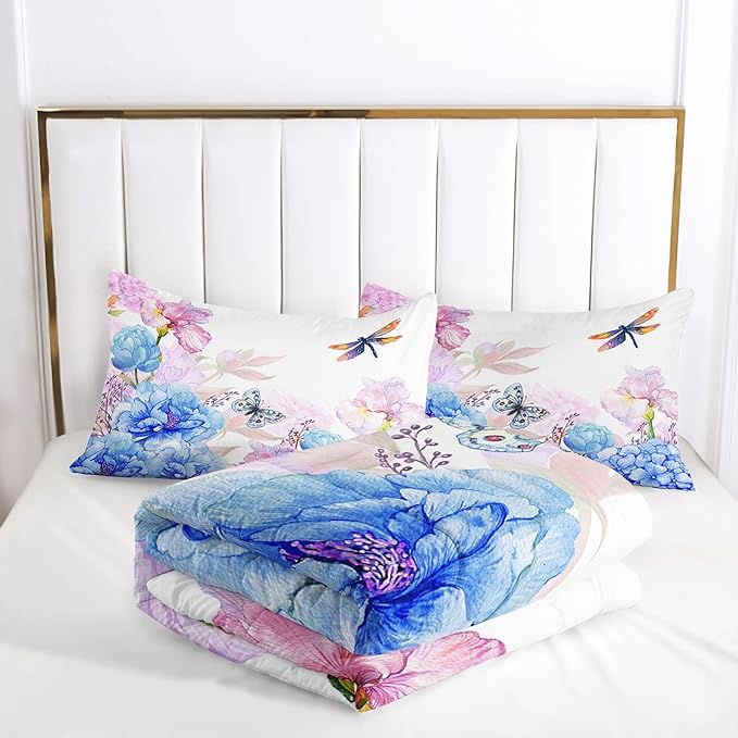 Blue and Pink Flower Comforter Set Twin Dragonfly Butterfly Bedding Sets 3PCS for Kids Teen Adult Floral Room Decor Ultra-Soft Lightweight Microfiber 1 Comforter with 2 Pillowcases