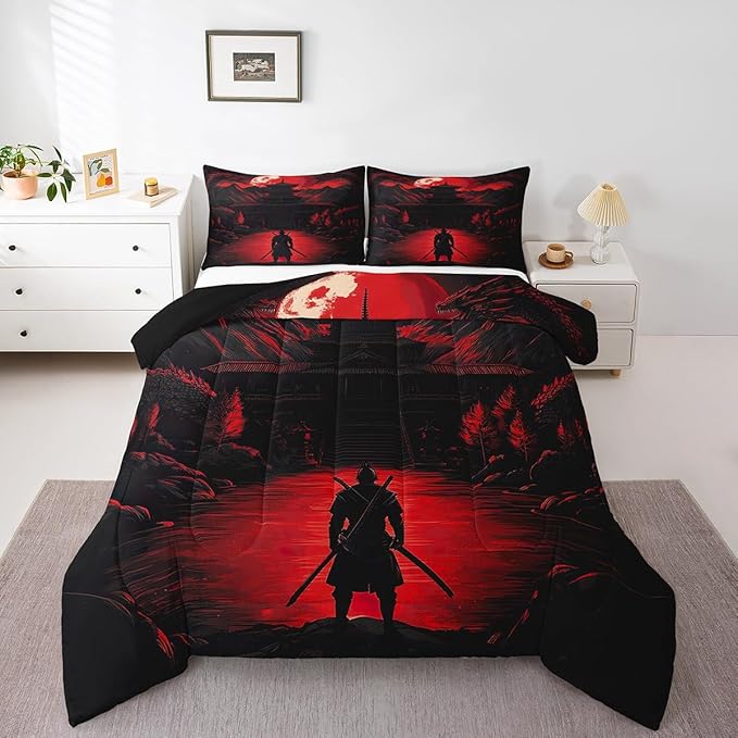Feelyou Dragon Comforter Set Queen Size Japanese Style Comforter for Boys Girls Teens Samurai Bedding Set Sunset Duvet Set Room Decor Red Black Quilt Set
