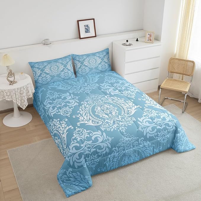 Feelyou Adults Blue Vintage Damask Floral Comforter Set Oriental Antique Comforter Full Size Gothic Bohemia Boho Floral Bedding Set Bohemian Exotic Duvet Set Quilt Set 3Pcs