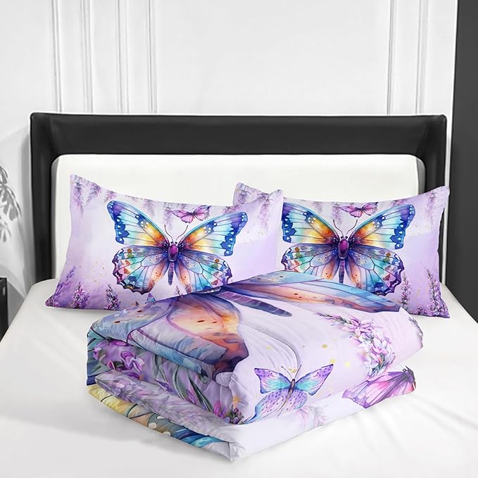 Lavender Comforter Set King Size,Violet Flower Butterfly 3 Piece Bedding Set Lightweight Down Alternative Spring Violet Bed Comforter and 2 Pillowcases for All Seasons