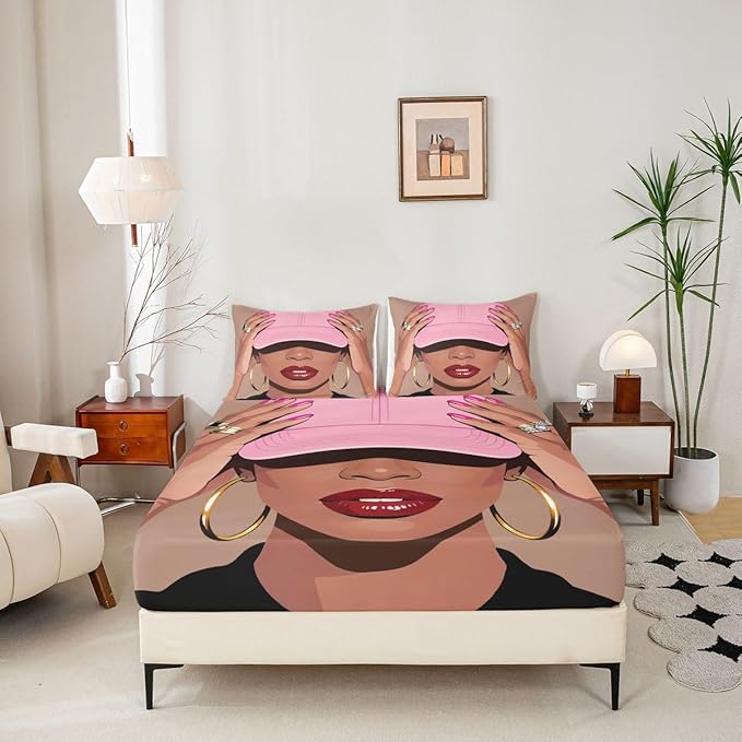 Erosebridal Black Girls Full Size Bed Sheets Fashion Black Woman Fitted Sheet for Girls Kids Vogue Fashionable Gorgeous Bedding Set for Teens Children Women African Princess Magical Sheets